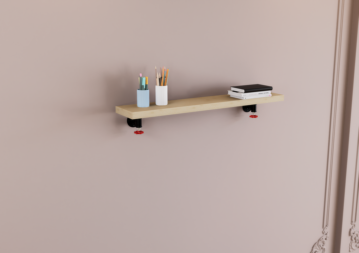 Rustic Industrial Pipe Shelf with Red Tap Valve Brackets (D61)
