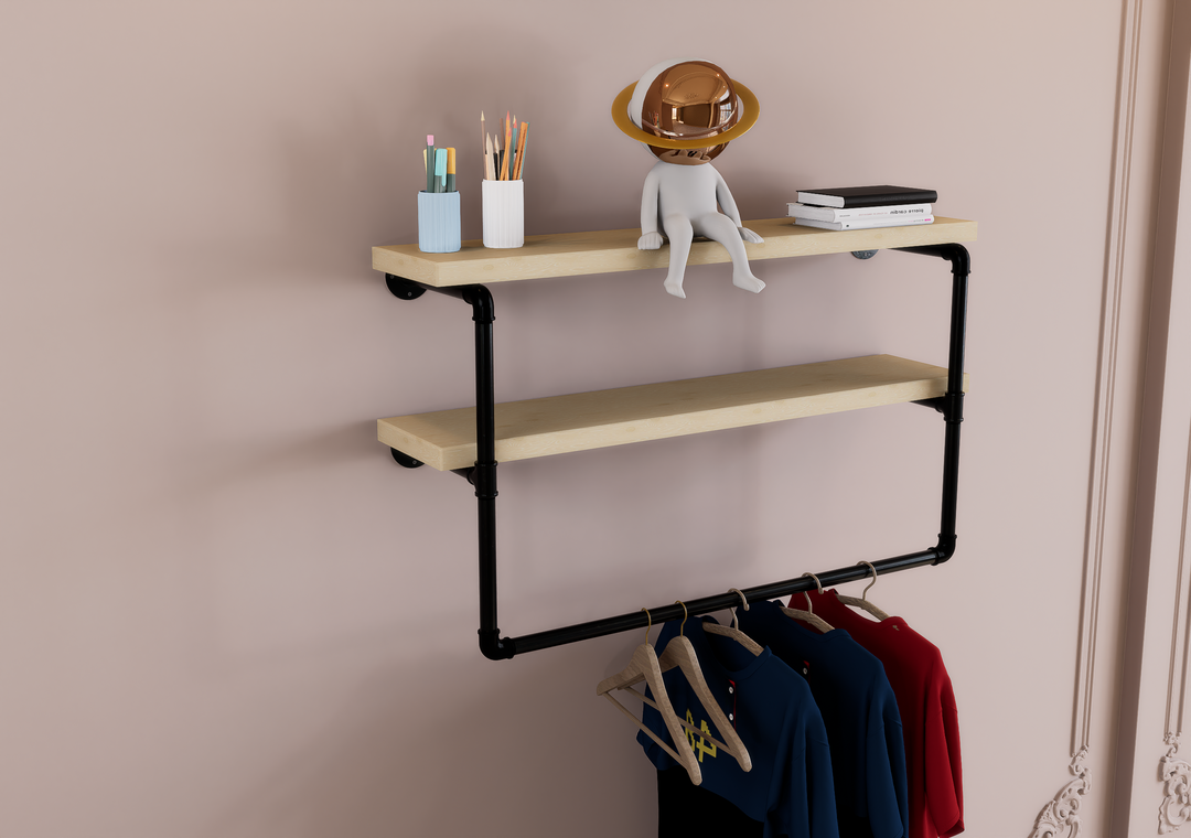 Industrial Two Tier Shelf with Black Pipe Brackets & Clothes Hanging Bar (D32)