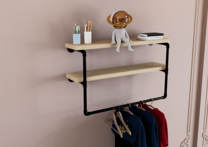 Industrial Two Tier Shelf with Black Pipe Brackets & Clothes Hanging Bar (D32)