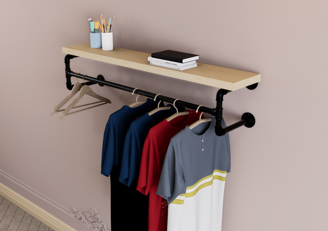 Industrial Black Steel Shelf Bracket with Clothes Rail (D73)