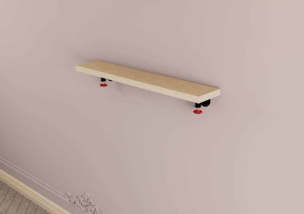 Rustic Industrial Pipe Shelf with Red Tap Valve Brackets (D61)