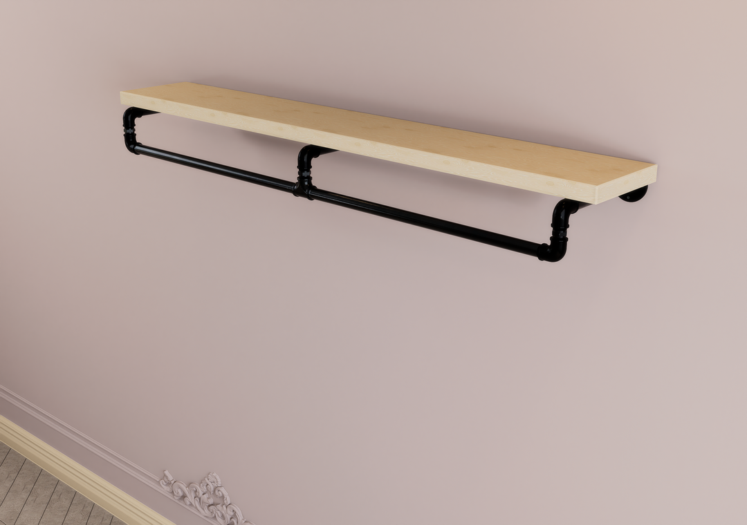 Industrial Black Steel Pipe Shelf Bracket with Integrated Curved Clothes Rack (D88)