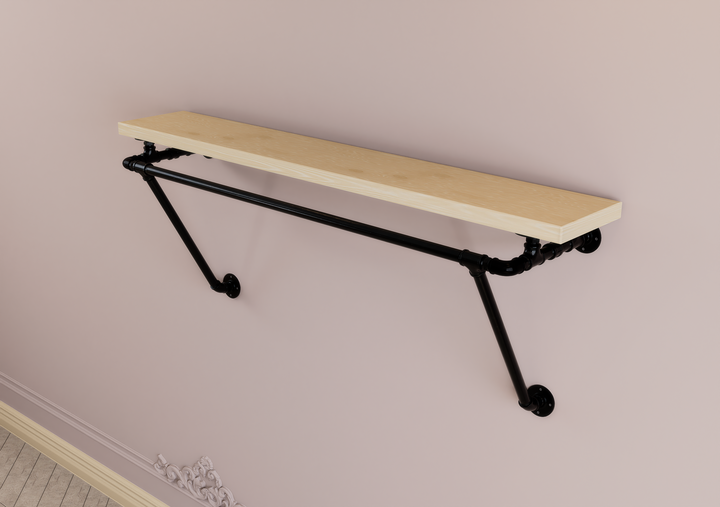 Black Industrial Pipe Shelf Brackets with Clothes Rack With Extra Support (D36)