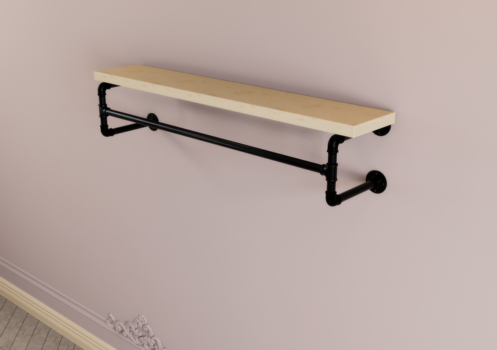 Industrial Black Steel Shelf Bracket with Clothes Rail (D73)