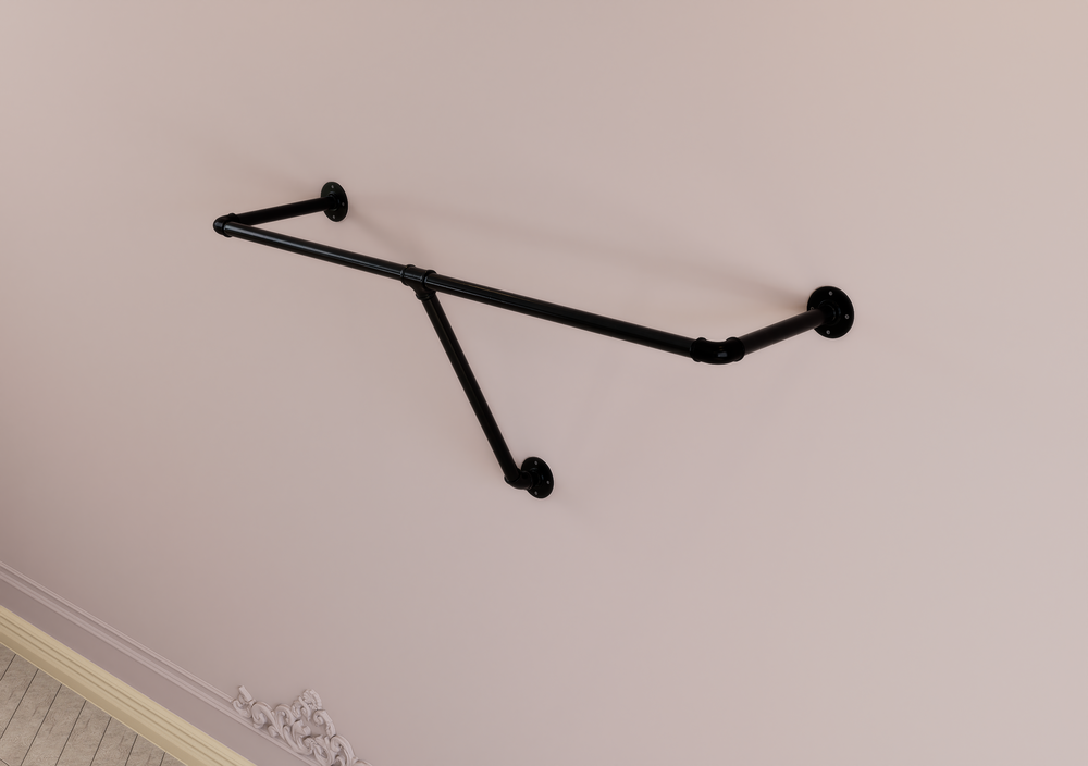 Compact Industrial Pipe Shelf Bracket with Clothes Rack Rail (D37)