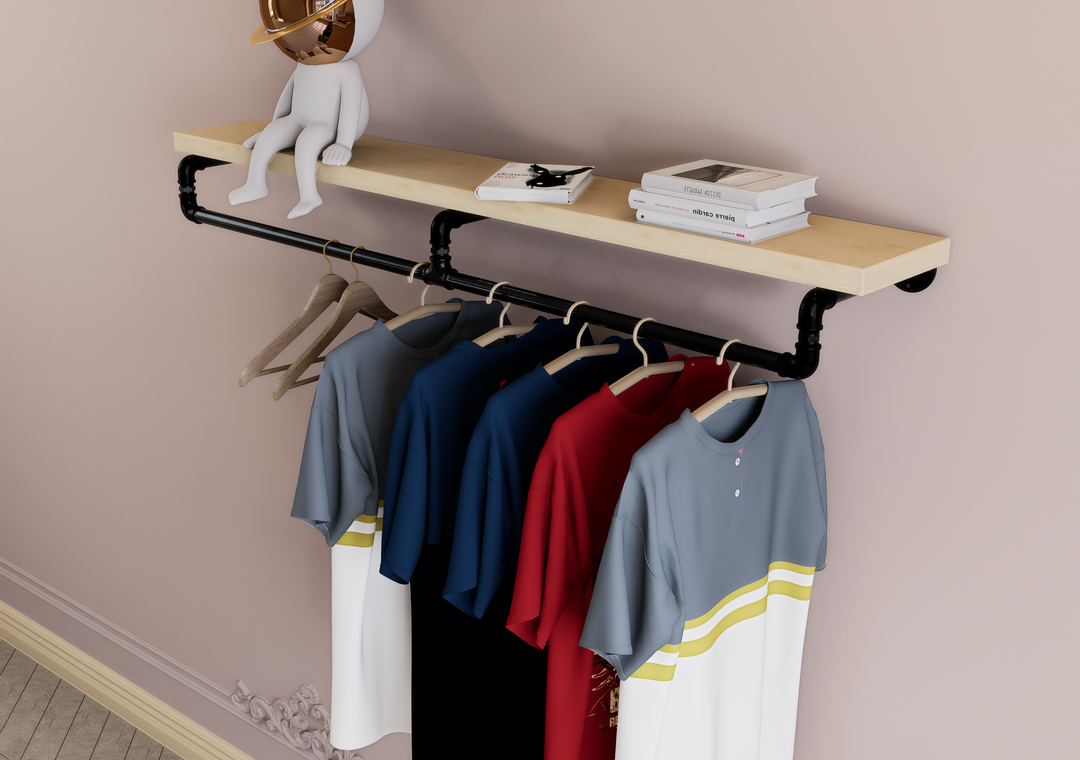 Industrial Black Steel Pipe Shelf Bracket with Integrated Curved Clothes Rack (D88)