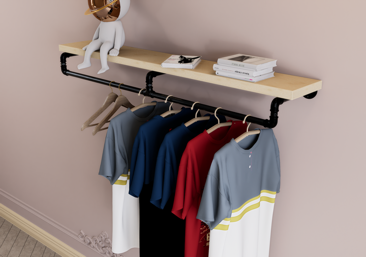 Industrial Black Steel Pipe Shelf Bracket with Integrated Curved Clothes Rack (D88)