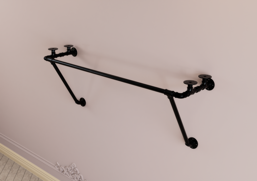 Black Industrial Pipe Shelf Brackets with Clothes Rack With Extra Support (D36)