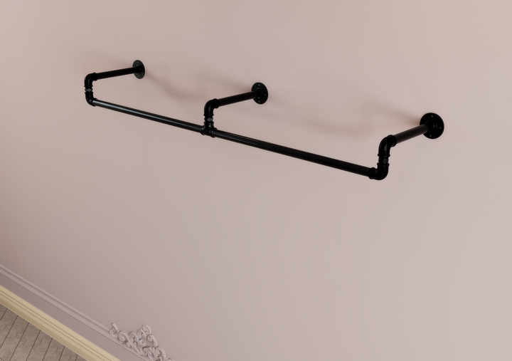 Industrial Black Steel Pipe Shelf Bracket with Integrated Curved Clothes Rack (D88)