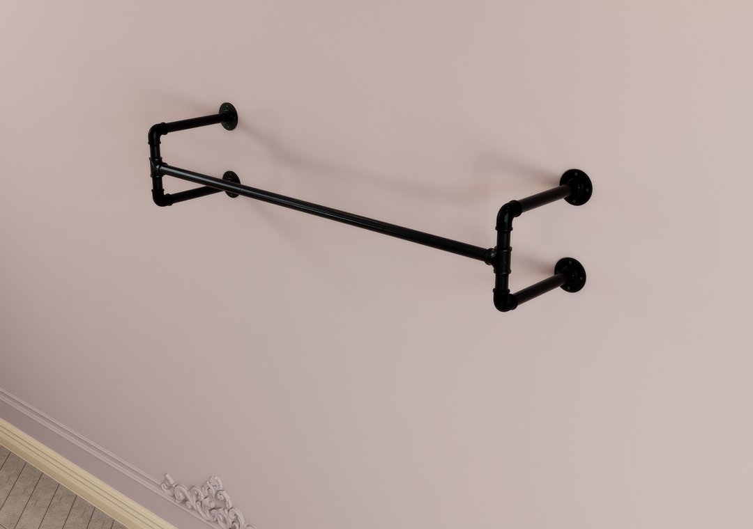 Industrial Black Steel Shelf Bracket with Clothes Rail (D73)