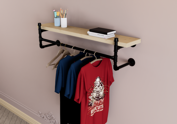Industrial Pipe Wall Shelf with Hanging Rail (D71)