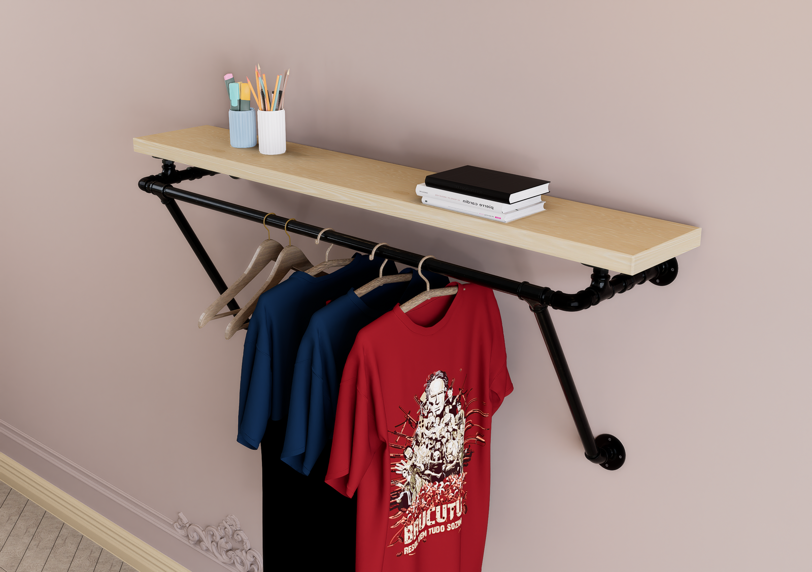 Black Industrial Pipe Shelf Brackets with Clothes Rack With Extra Support (D36)