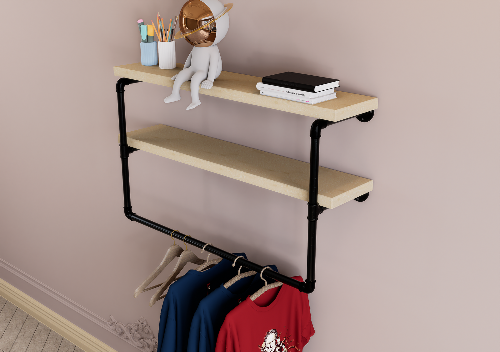 Industrial Two Tier Shelf with Black Pipe Brackets & Clothes Hanging Bar (D32)