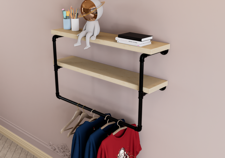 Industrial Two Tier Shelf with Black Pipe Brackets & Clothes Hanging Bar (D32)