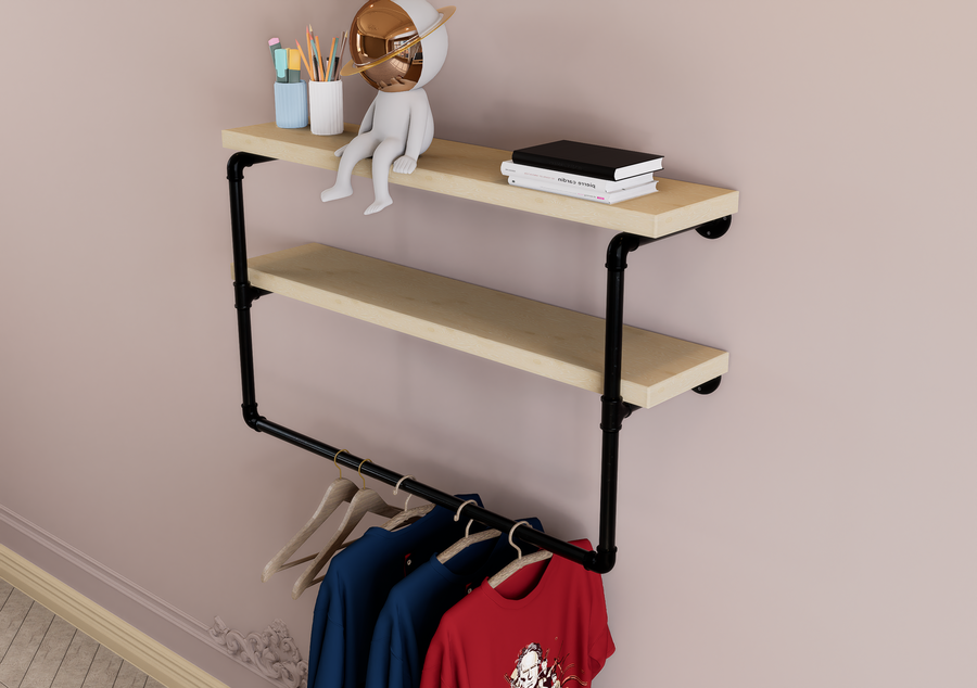 Industrial Two Tier Shelf with Black Pipe Brackets & Clothes Hanging Bar (D32)