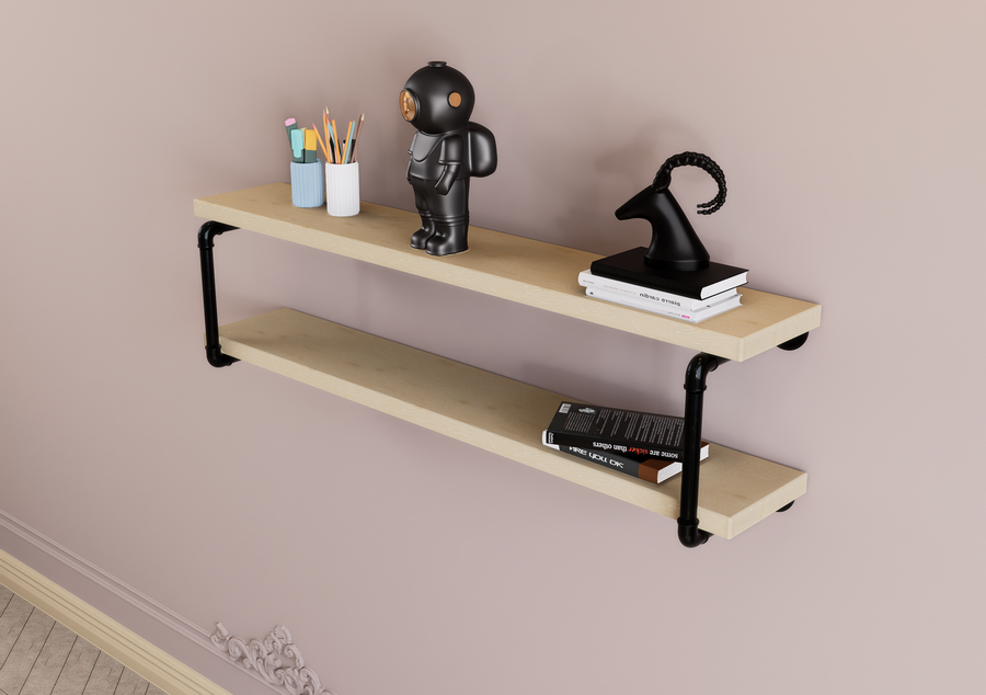 Industrial Two Tier Shelf with Black Pipe Brackets (D17)