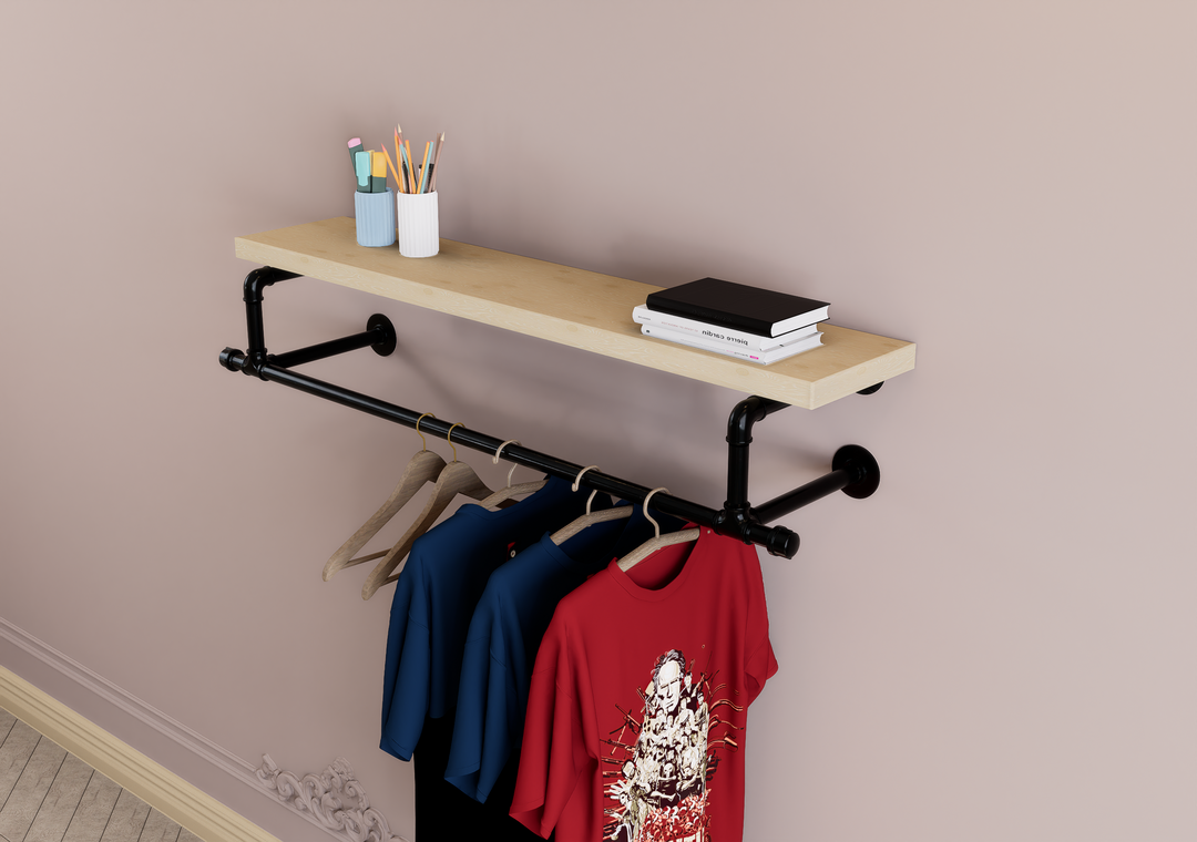 Industrial Black Pipe Clothes Rack Brackets with Connecting Rail  (D28)
