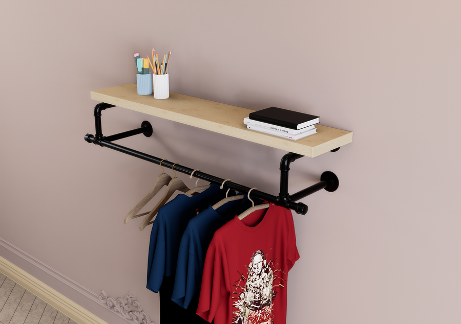 Industrial Black Pipe Clothes Rack Brackets with Connecting Rail  (D28)