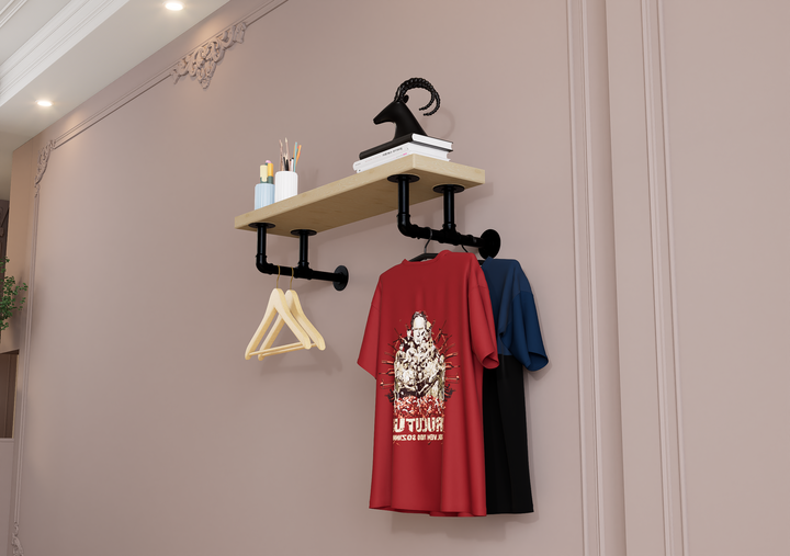 Rustic Wall Shelf Bracket with Hanging Rod (2259)