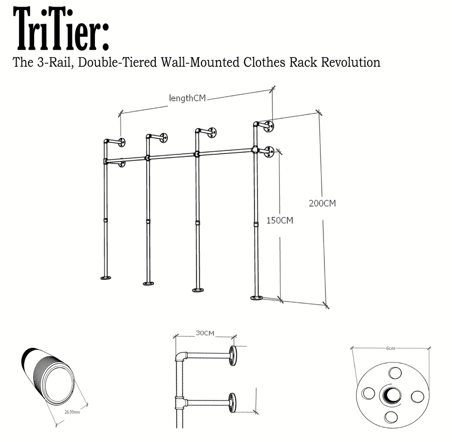 TriTier Clothes Rack - Triple Rail, Double-Tiered Wall-Mounted Mastery ...