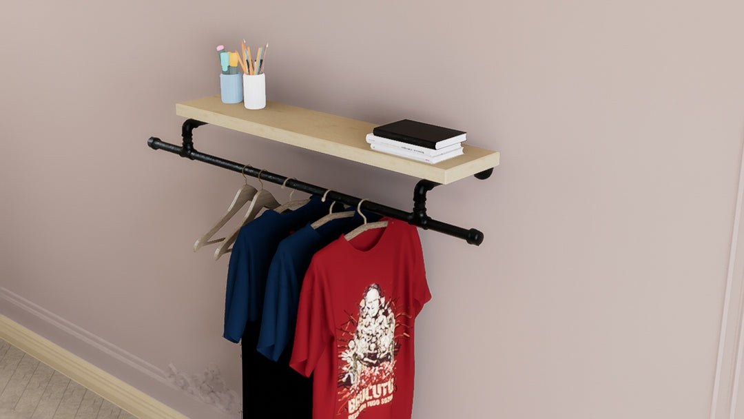 Industrial Single Tier Shelf with Extended Black Pipe Clothes Rack (D34)