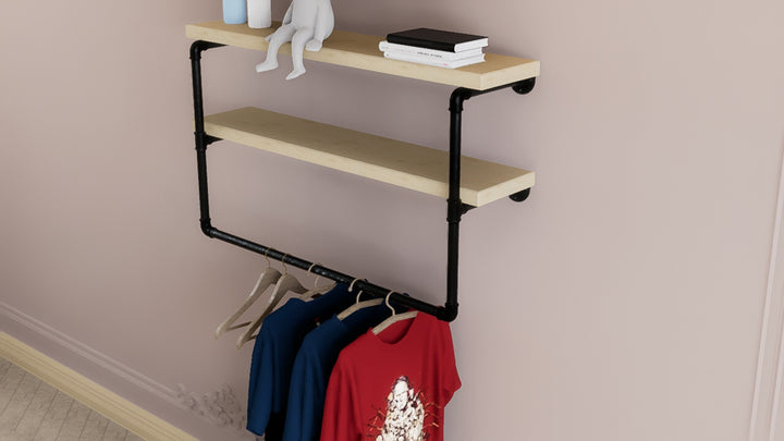 Industrial Two Tier Shelf with Black Pipe Brackets & Clothes Hanging Bar (D32)