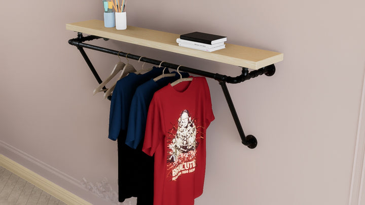 Black Industrial Pipe Shelf Brackets with Clothes Rack With Extra Support (D36)
