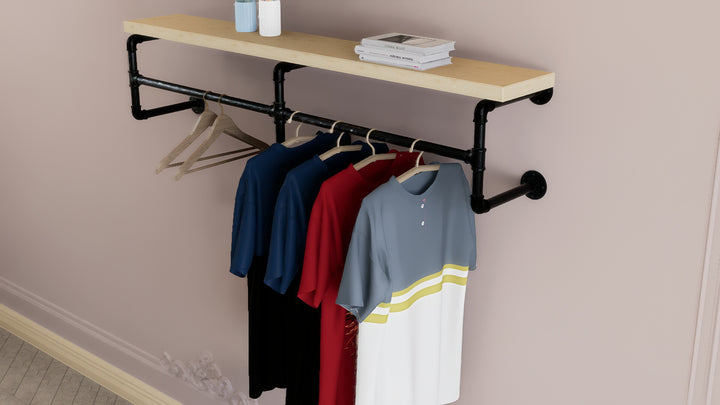 Industrial Curved Wall Shelf Bracket with Integrated Clothes Rack (D92)