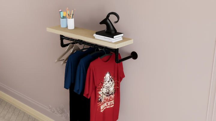 Industrial Shelf & Clothes Rack With Black Pipe Brackets (D18)