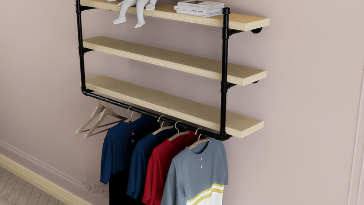 Triple-Tier Wall Shelf Bracket with Hanging Rail (D111)