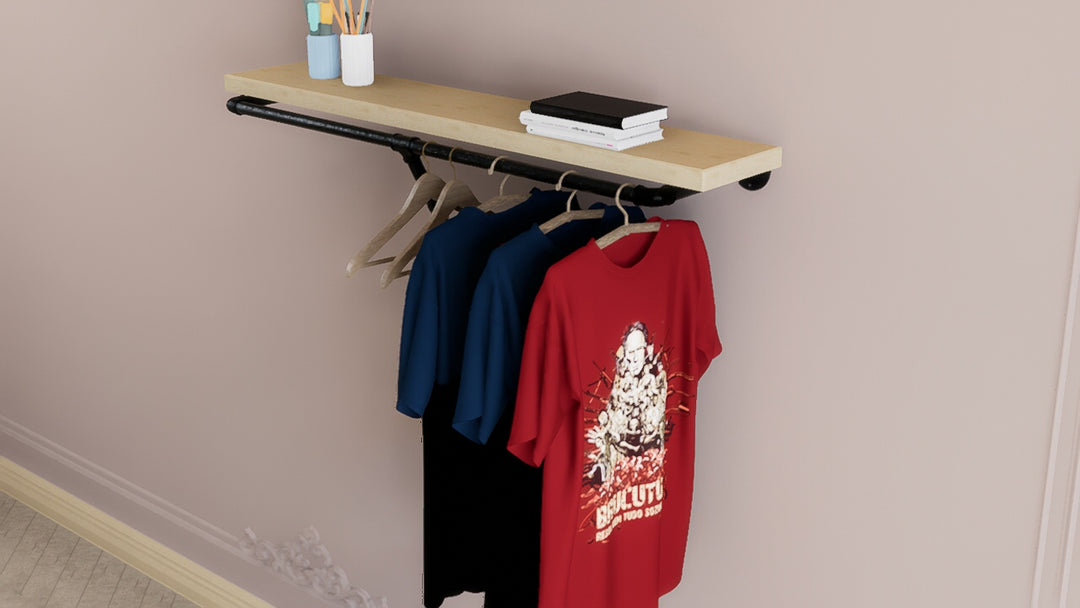 Compact Industrial Pipe Shelf Bracket with Clothes Rack Rail (D37)