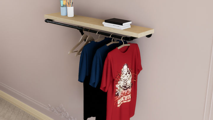 Compact Industrial Pipe Shelf Bracket with Clothes Rack Rail (D37)