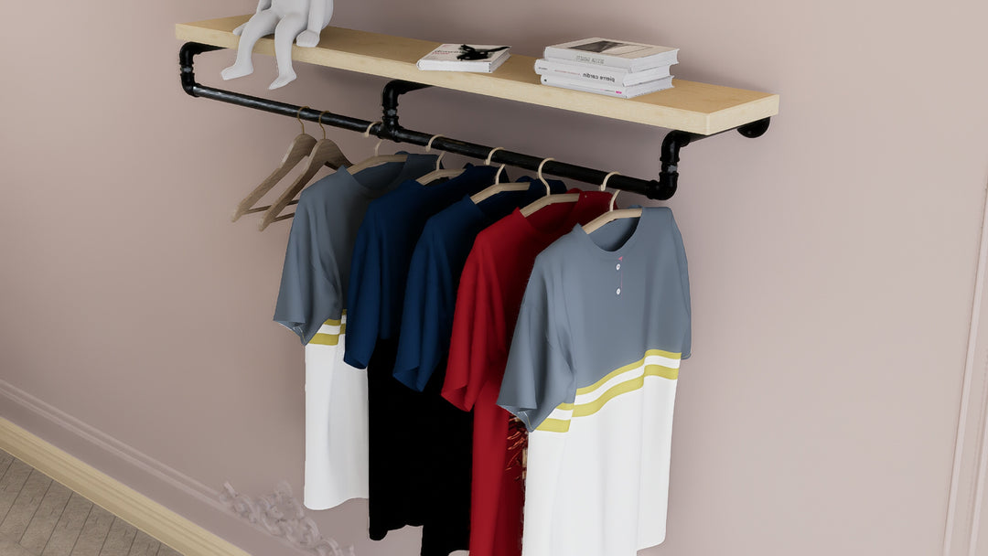 Industrial Black Steel Pipe Shelf Bracket with Integrated Curved Clothes Rack (D88)