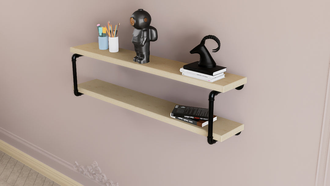 Industrial Two Tier Shelf with Black Pipe Brackets (D17)