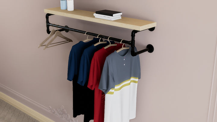 Industrial Black Steel Shelf Bracket with Clothes Rail (D73)