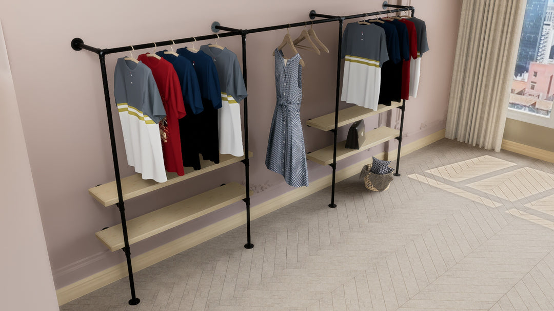 Industrial Black Steel Pipe Wall Mounted Clothing Rack with Double Shelf Storage (D77)