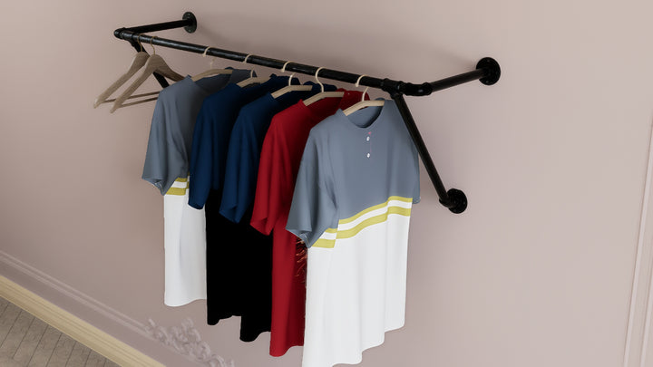 Industrial Black Steel Pipe Clothes Rack with Dual Wall Support (D78)