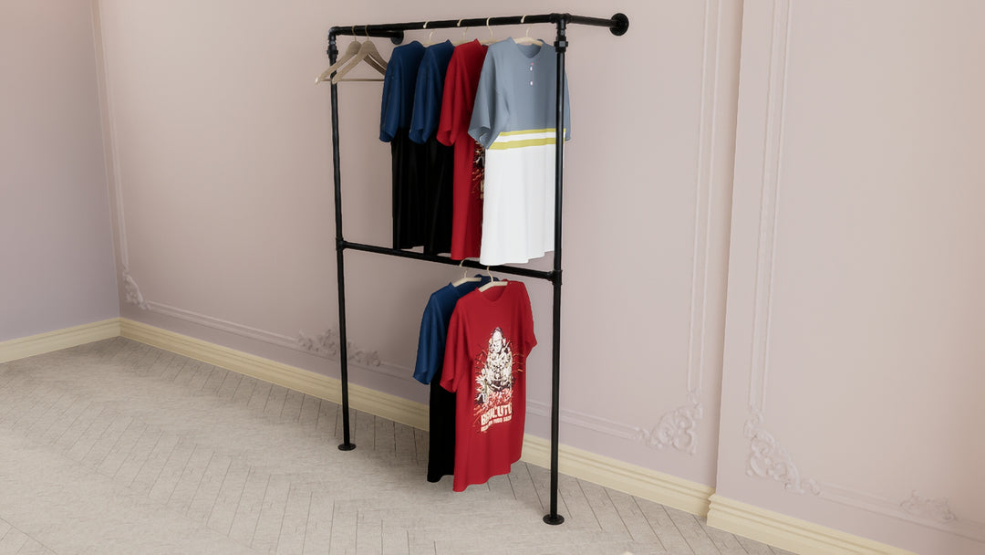 Minimalist Double Wall & Floor Mounted Industrial Pipe Clothes Rack (D93)