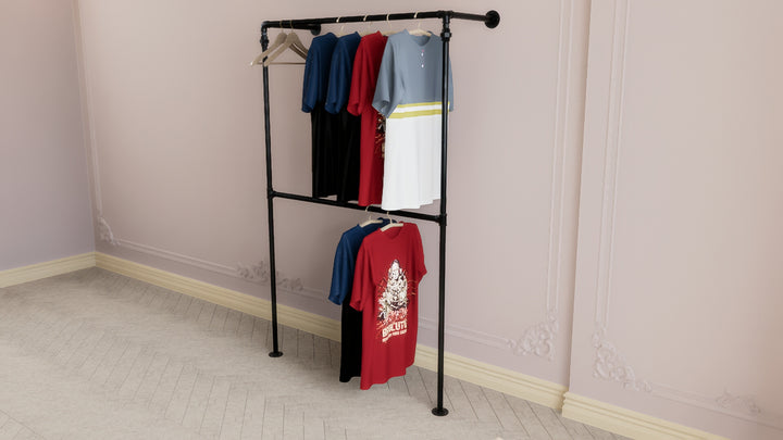 Minimalist Double Wall & Floor Mounted Industrial Pipe Clothes Rack (D93)