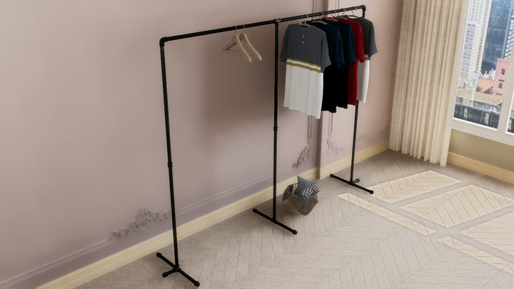 Double Free Standing Black Steel Pipe Clothes Rack (D64)